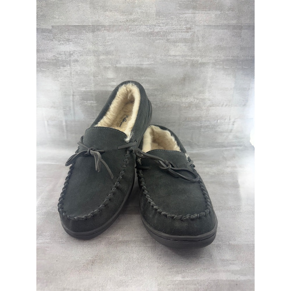 MyPillow MySlippers Men Sz 9 Charcoal Gray Leather Moccasin Slippers 74016-03